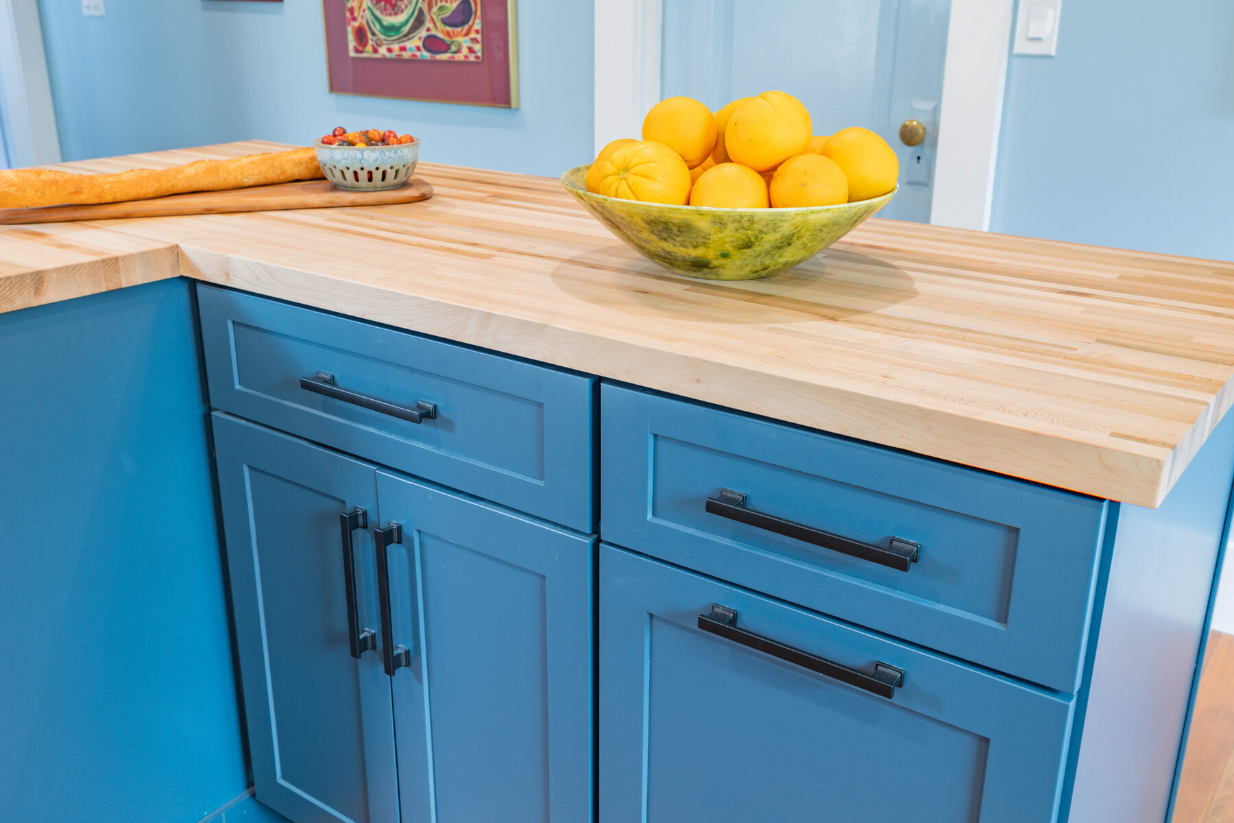 Blue island detail with butcher block and lemons