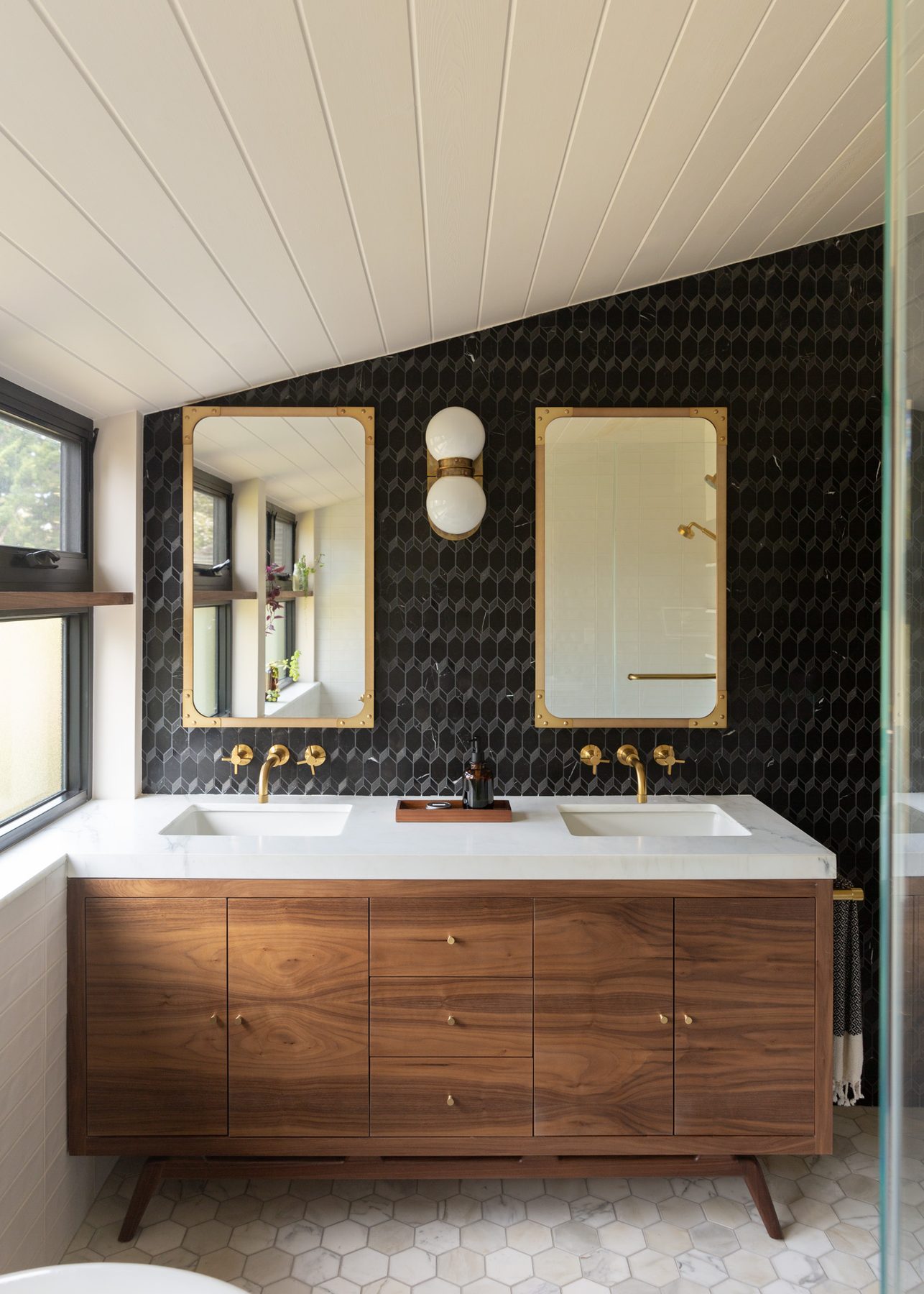 Morton Street Residence primary bath with black hexagon mosaic and walnut vanity