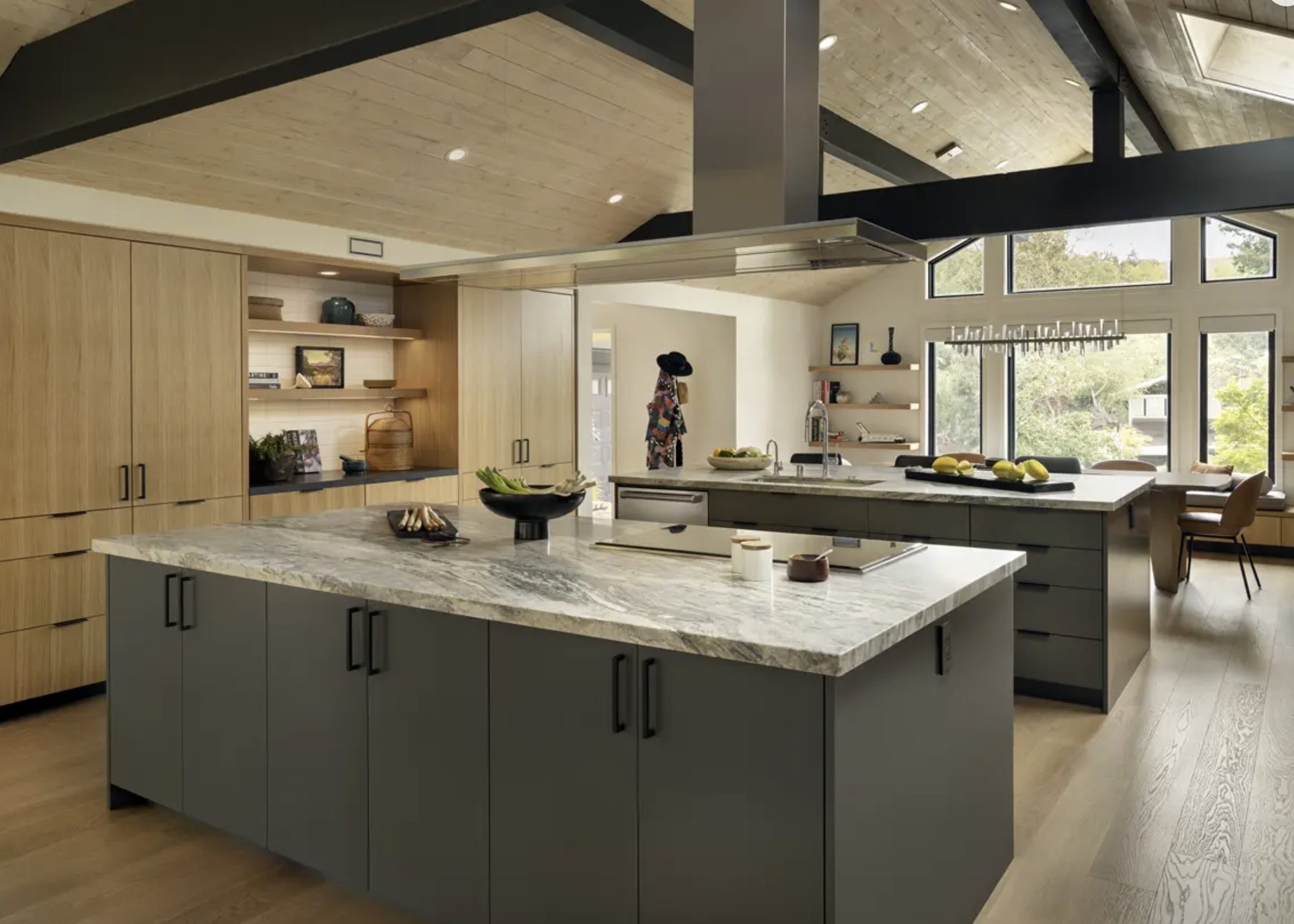 Oak Knoll vaulted two-island kitchen