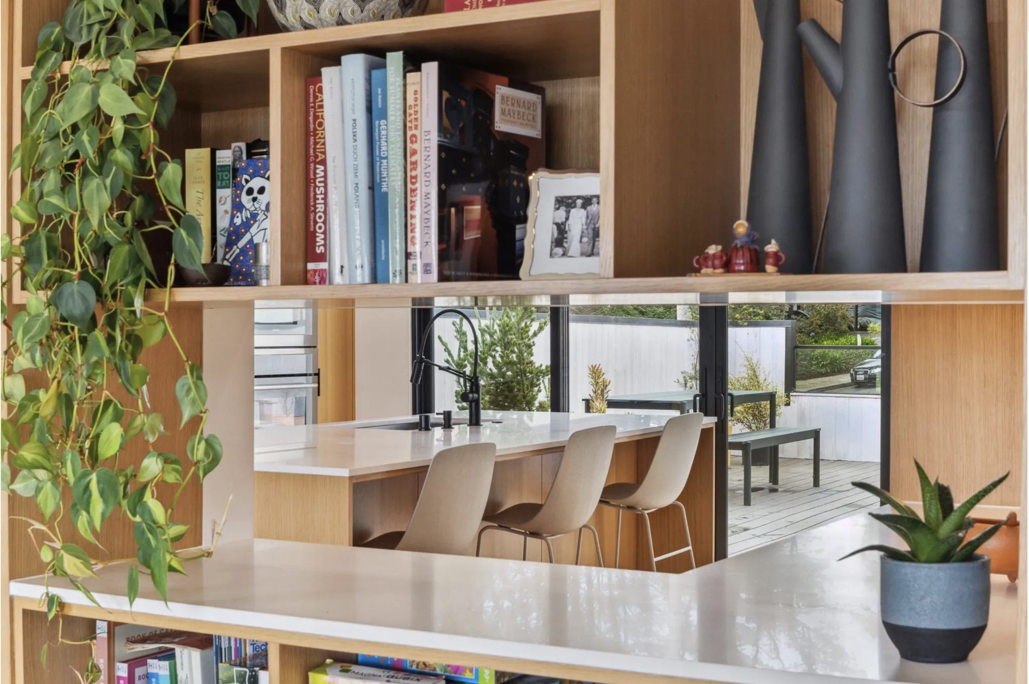 White-oak library pass-through to the kitchen