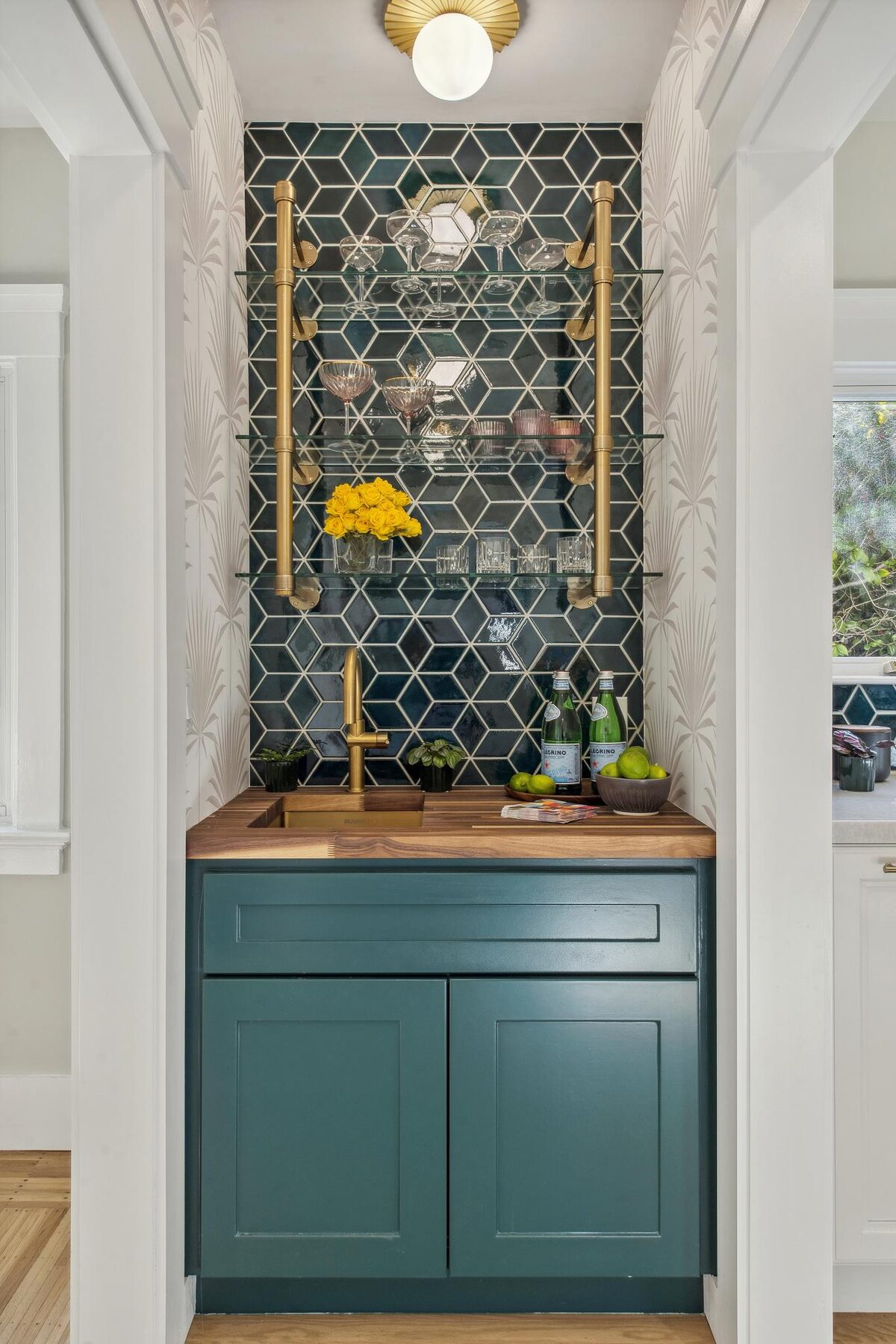 Custom bar with diamond tile backsplash