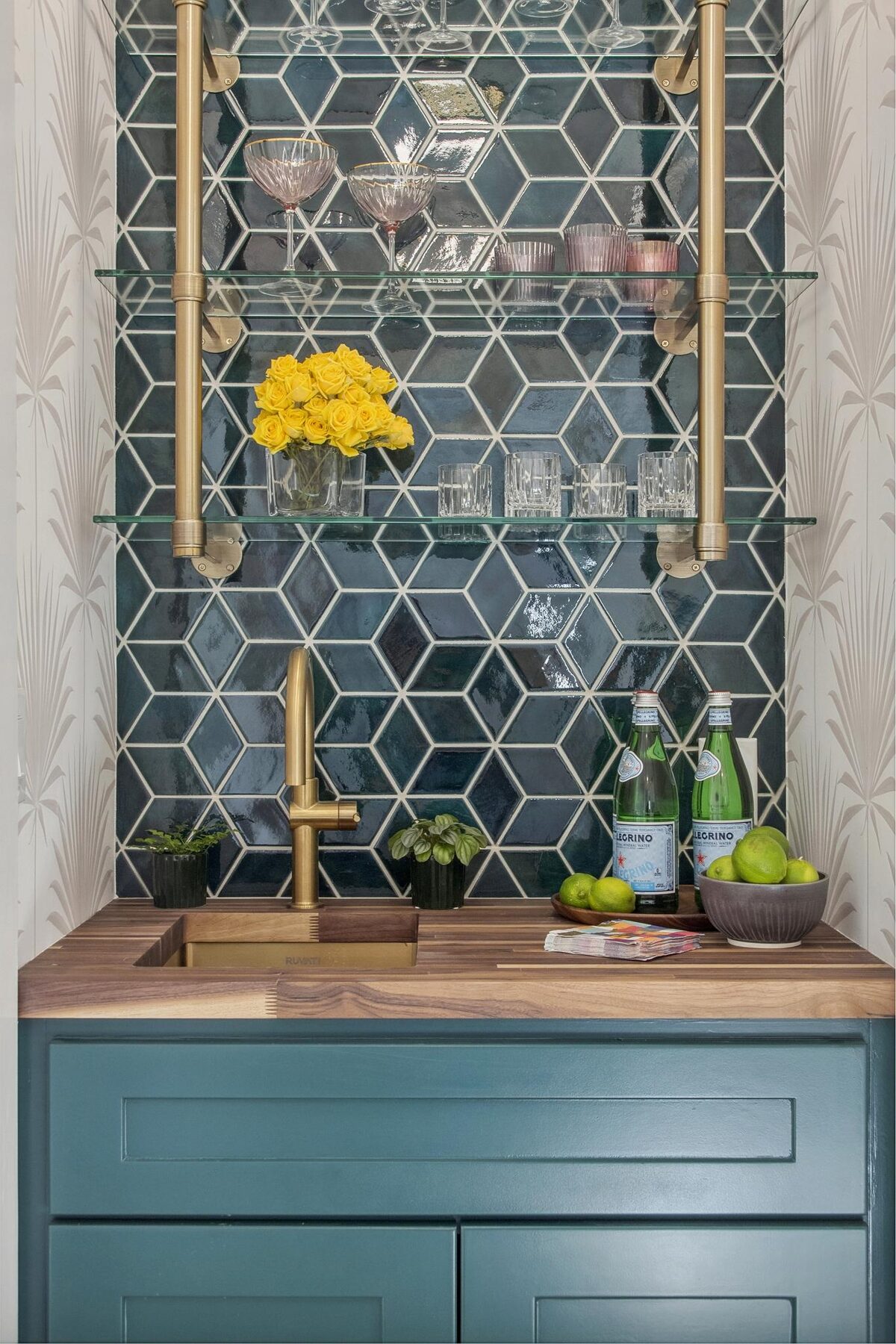Brass and glass open shelving