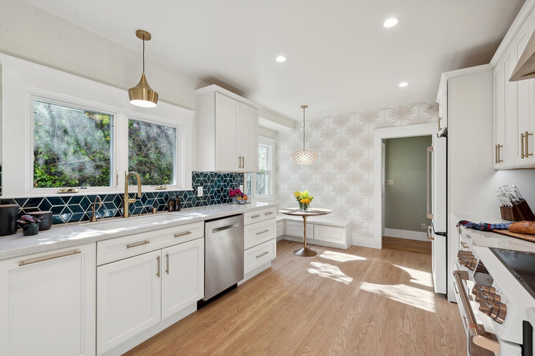 Breakfast nook with brass pendant